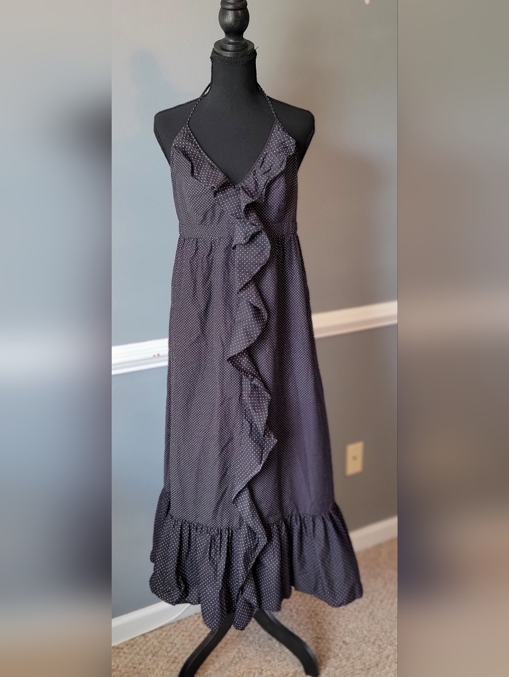 J. Crew Black Polka Dot Ruffle Halter Maxi Dress